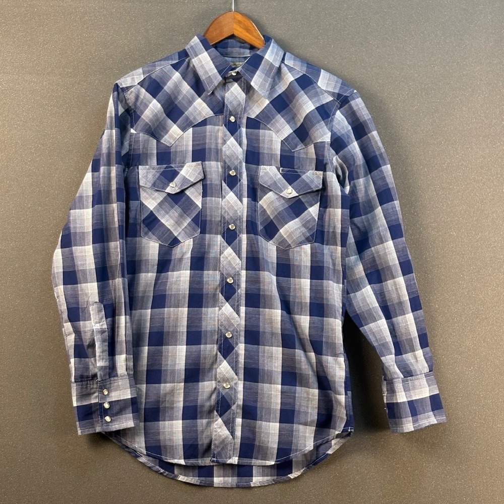 Wrangler Western Plaid Long Sleeve Pearl Snap Shirt Men S‎ Blue White